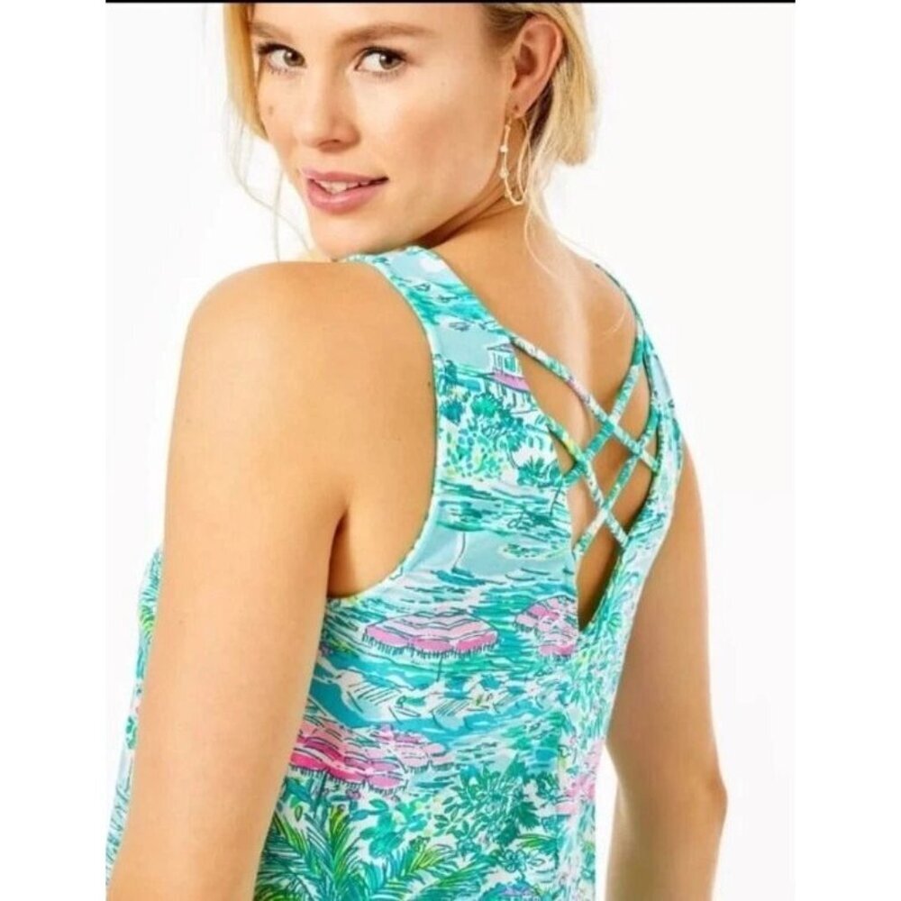 Lilly Pulitzer Kristen Tank Top Gustavia Green Sunshine City Toile Small - Picture 2 of 9